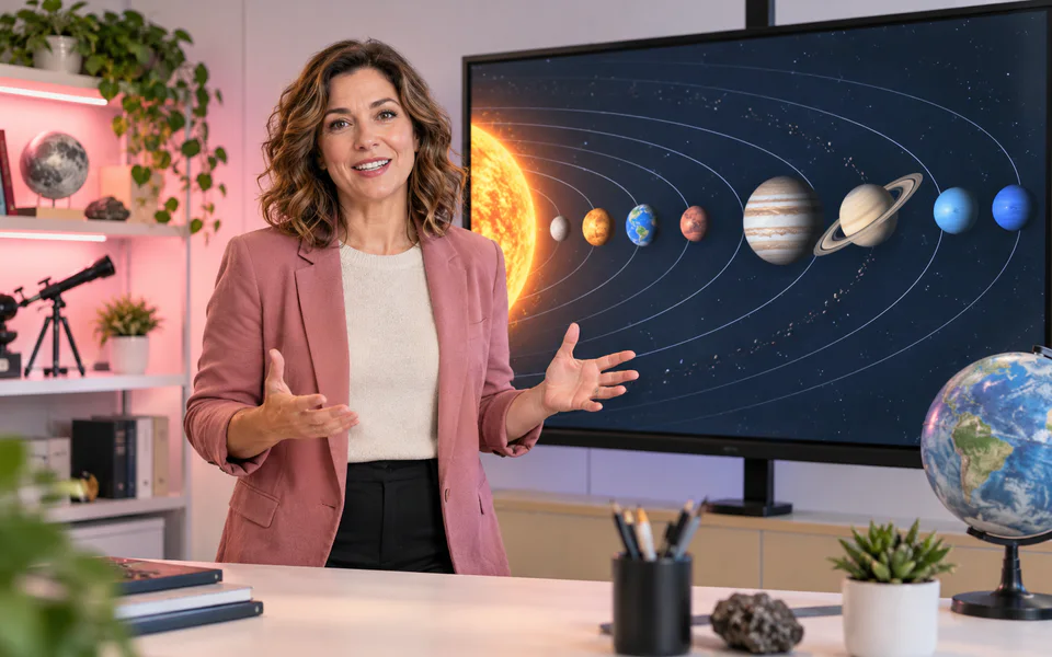 Educator presenting a solar-system lesson for an explainer video
