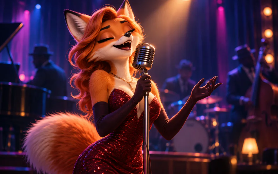Original stylized fox vocalist performing music-led character content