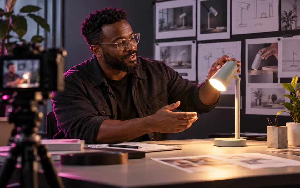 Product designer presenting a desk lamp in an early video advertisement concept